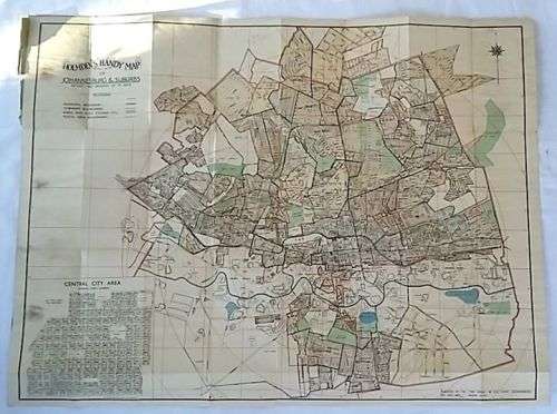 1950's APARTHEID ERA MAP OF JOHANNESBURG AND SURROUNDS DEPICTING SOPHIATOWN ETC.