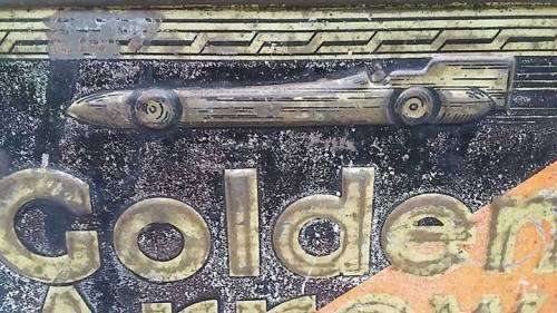Vintage English/ Afrikaans Golden Arrow Tobacco Tin with embossed Golden Arrow Racing Car Icon