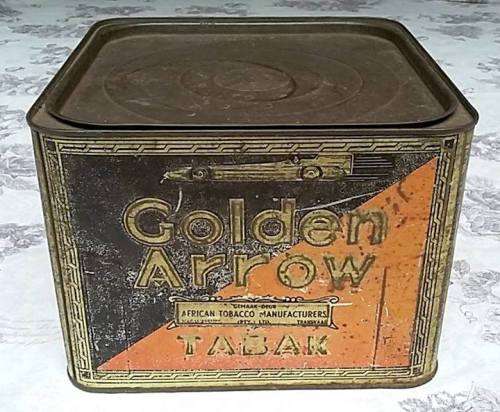 Vintage English/ Afrikaans Golden Arrow Tobacco Tin with embossed Golden Arrow Racing Car Icon