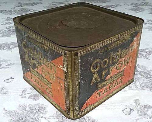 Vintage English/ Afrikaans Golden Arrow Tobacco Tin with embossed Golden Arrow Racing Car Icon