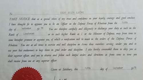 1978 Dated Rhodesian Army Certificate of Promotion