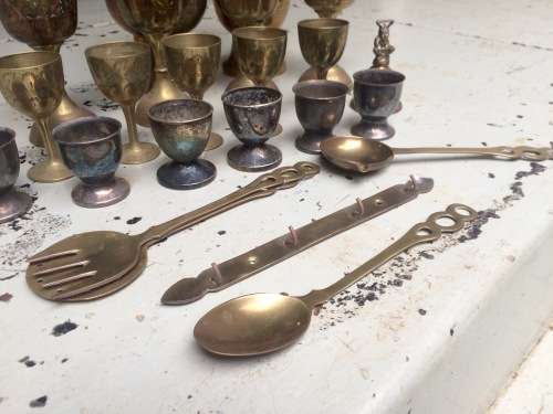 ASSORTMENT OF DETAILED BRASS VASES, GOBLETS ETC. EASTERN/INDIAN VINTAGE