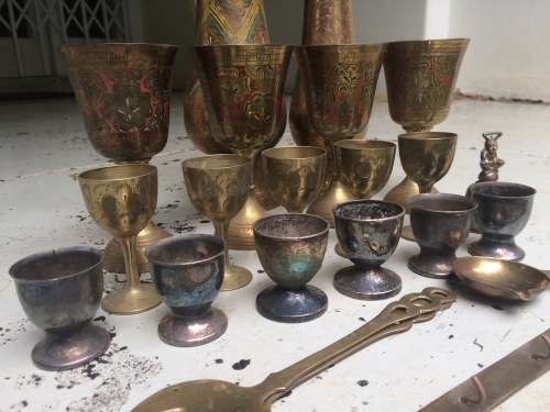 ASSORTMENT OF DETAILED BRASS VASES, GOBLETS ETC. EASTERN/INDIAN VINTAGE