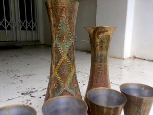 ASSORTMENT OF DETAILED BRASS VASES, GOBLETS ETC. EASTERN/INDIAN VINTAGE
