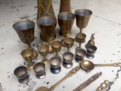 ASSORTMENT OF DETAILED BRASS VASES, GOBLETS ETC. EASTERN/INDIAN VINTAGE