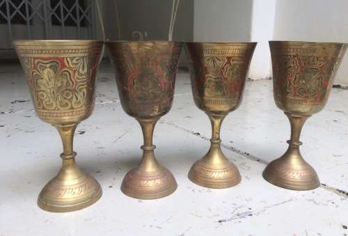 ASSORTMENT OF DETAILED BRASS VASES, GOBLETS ETC. EASTERN/INDIAN VINTAGE