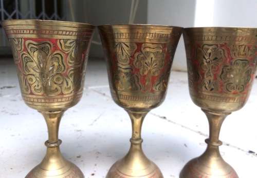 ASSORTMENT OF DETAILED BRASS VASES, GOBLETS ETC. EASTERN/INDIAN VINTAGE