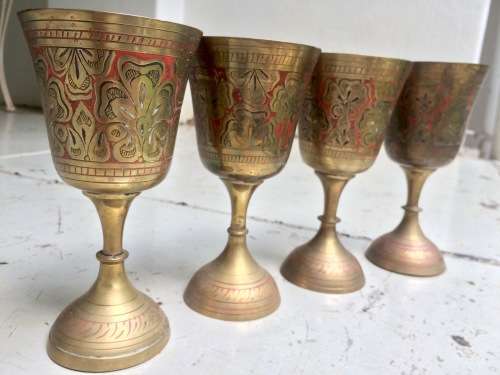 ASSORTMENT OF DETAILED BRASS VASES, GOBLETS ETC. EASTERN/INDIAN VINTAGE