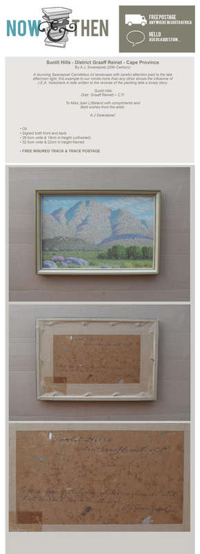 SUNLIT HILLS DISTRICT GRAAF REINET OIL ON BOARD SOUTH AFRICAN ART CAMDEBOO CAPE PROVINCE AJ SWANEPOEL VOLSCHENK NOW AND THEN LANDSCAPE MOUNTAINS 
