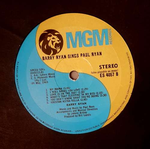 BARRY RYAN - BARRY RYAN SINGS PAUL RYAN Vinyl, LP,Album, G/fold Country: South Africa Released: 1969