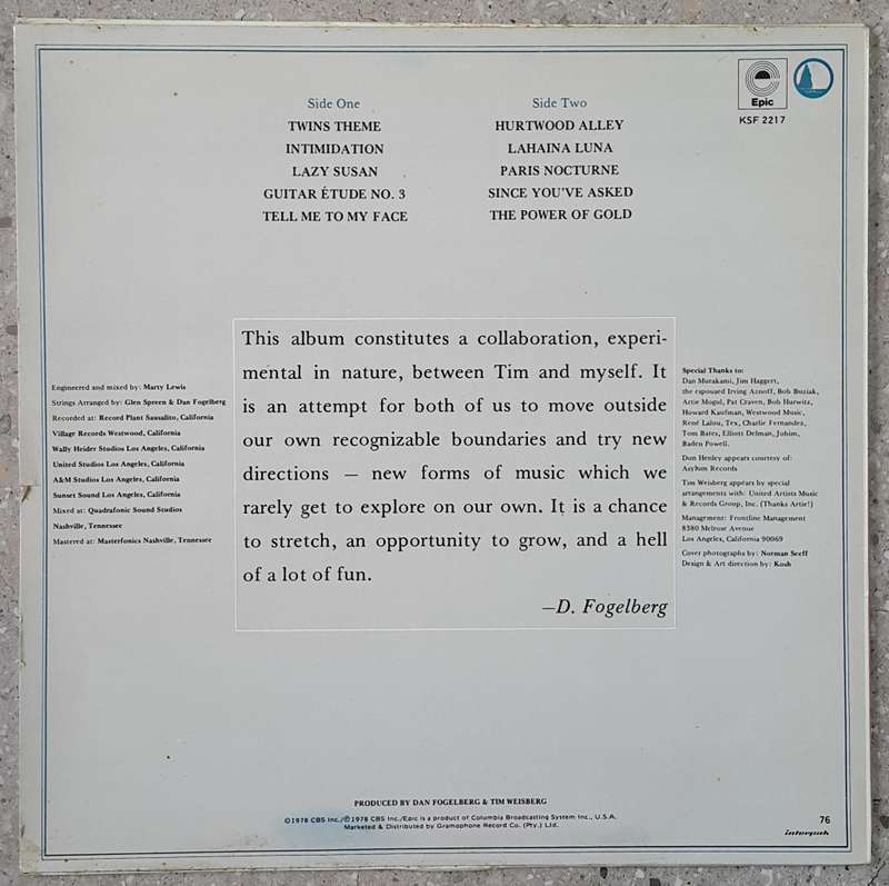 DAN FOGELBERG & TIM WEISBERG - TWIN SONS OF DIFFERENT MOTHERS Vinyl, LP, Album Country: SA 1978