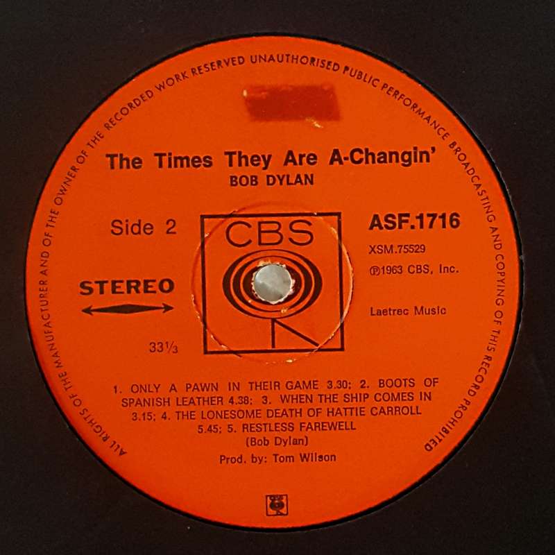 BOB DYLAN - THE TIMES THEY ARE A-CHANGIN`  Vinyl, LP, Album, Stereo Country: South Africa 1972