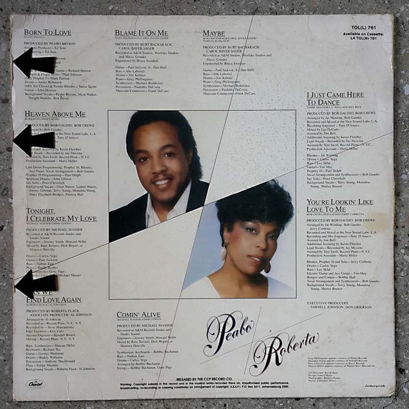 PEABO BRYSON/ROBERTA FLACK Vinyl, LP, Album Country: South Africa Released: 1983