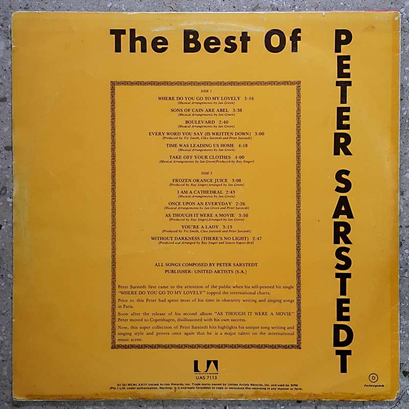 PETER SARSTEDT - THE BEST OF PETER SARSTEDT Vinyl, LP, Compilation Country: South Africa: 1975