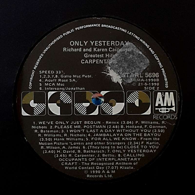 CARPENTERS - ONLY YESTERDAY - RICHARD & KAREN CARPENTER`S GREATEST HITS Vinyl, LP, Comp. SA 1990