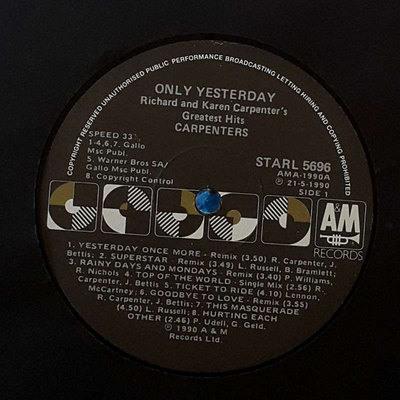 CARPENTERS - ONLY YESTERDAY - RICHARD & KAREN CARPENTER`S GREATEST HITS Vinyl, LP, Comp. SA 1990