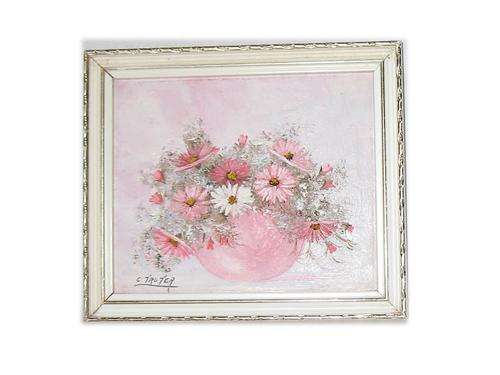 PAINTING-PINK FLOWERS BY C. TRUTER SET IN WHITE & GOLD TRIM FRAME