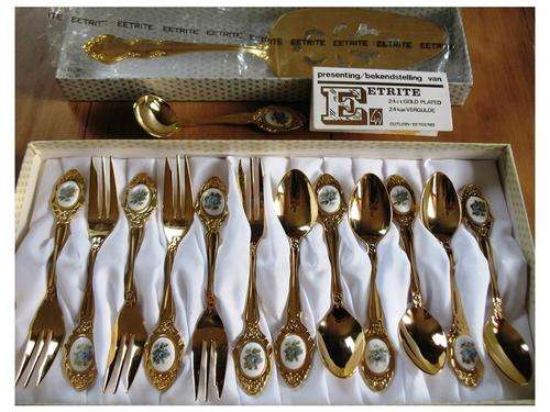 GOLD * EETRITE 24ct GOLD PLATED*6XTEASPOONS 6XFORKS 1X CAKE LIFTER 1X SUGAR SPOON * STUNNING * NEW