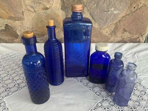 6 Vintage Blue Bottles