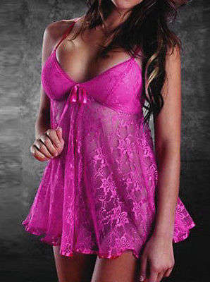 Sexy Lace Baby Doll Nighty Thong Set (Pink) Small