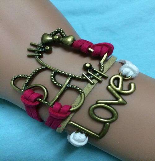 Braided Red White Color Leather Wax Cord LOVE Symbol Hello Kitty Bracelet !!