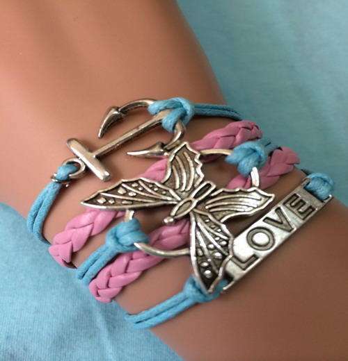Hand-woven Pink Leather Rope Anchor LOVE Butterfly Charm Bracelet!!