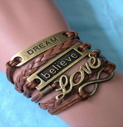 Retro Alloy Knitted Brown Leather Rope DREAM Believe LOVE Infinity Bracelet !!