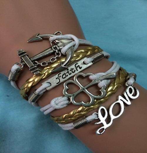 Hand-Knitted Gold/White Leather Rope Anchor Faith LOVE Clover Bracelet !!