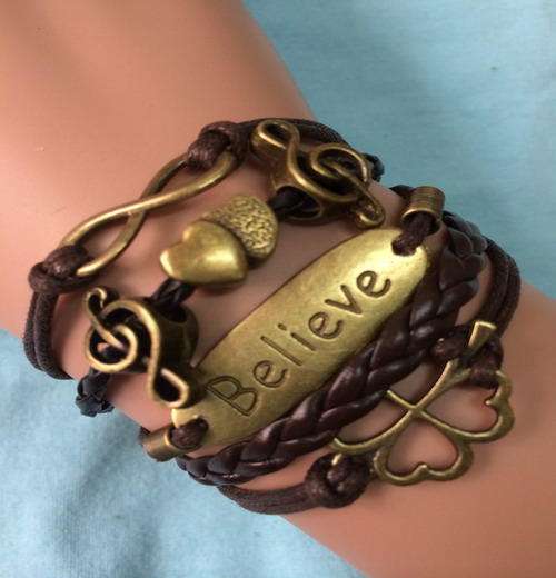 Retro Alloy Leather Cord Wide Clover Music Heart Believe Infinity Cuff Bracelet !!