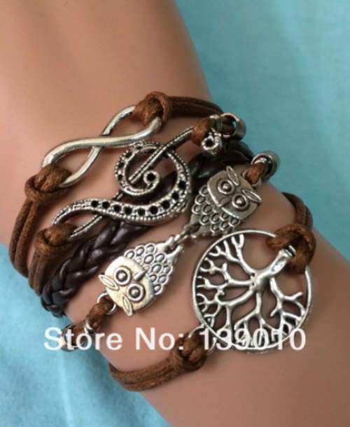 Brown Thread Knitted Metal Alloy Tree Owl Musical Infinity Bracelet !!