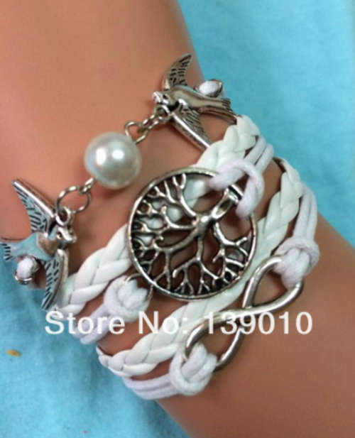 White Leather Rope Infinity Bird Pearl Tree Charm Bracelet !!