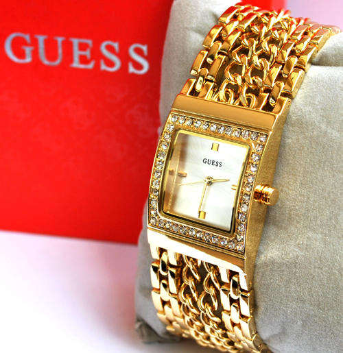 Ladies Guess Watch - Swarovski Crystals, Gold Color, Chain Bracelet, Silver Dial