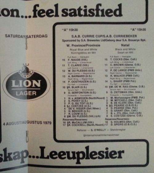 Programme WP / Natal 4/8/79 Newlands