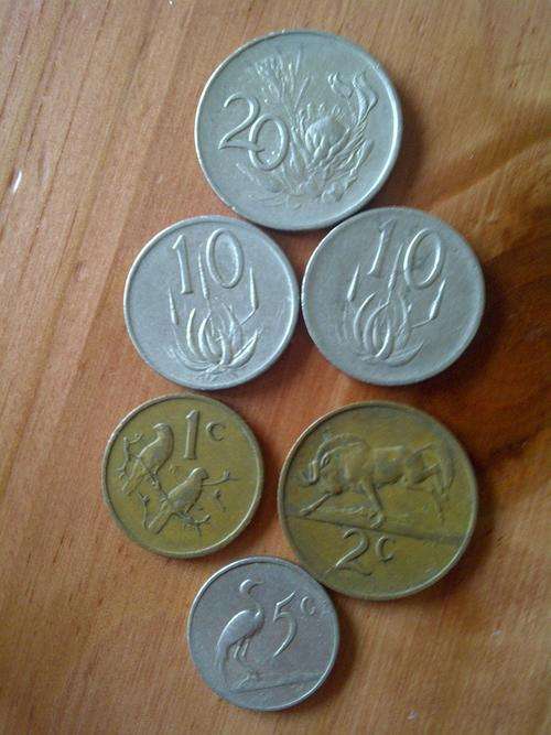 A Nice set of OLD RSA coins, 1c, 2c, 5c, 10c (x2) and 20c. RARE COINS THESE DAYS! BID FOR THE LOT!