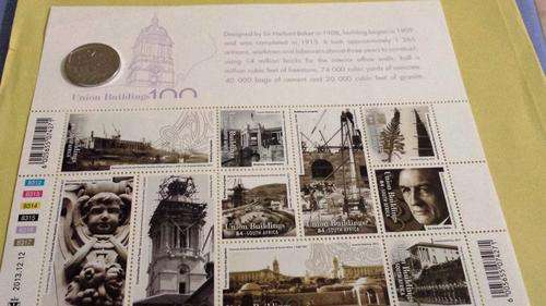LIMITED NEW UNION BUILDINGS ANNIVERSARY STAMP SHEET B WITH 3 x UNC R2 UNION BUILDING COINS!