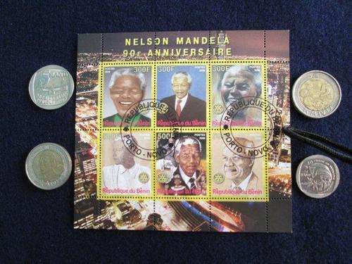 Mandela SET/COMBO. Benin Stamp Sheet Mandela 90th Birthday Anniversary + Circulated Coins.