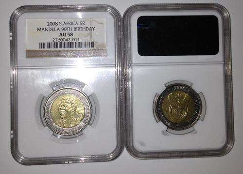 NGC GRADED NELSON MANDELA 90TH BIRTHDAY R5 - AU 58 ! Getting SCARCE!!