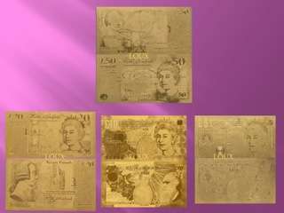 PURE 24kt GOLD FOIL NOTES. UK 5,10,20,50 Pounds SET Bank of England. BID PER NOTE TO TAKE FULL SET