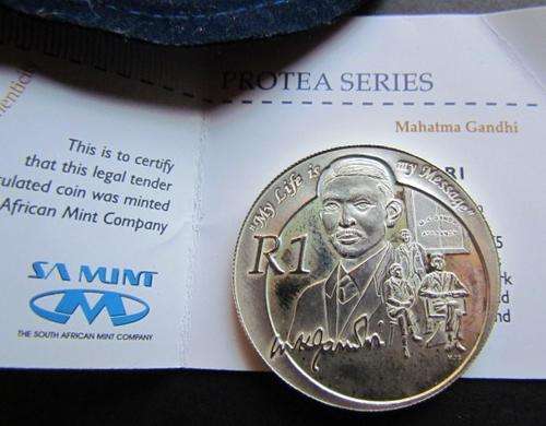 MAHATMA GHANDI! VALUED UNC SILVER 2008 COIN IN SA MINT BOX WITH CERTIFICATE of AUTHENTICITY!