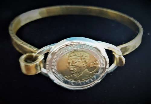 HANDCRAFTED STERLING SILVER AND BRASS BRACELET WITH MANDELA COIN
