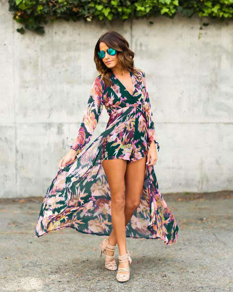 DEEP V-NECK FLORAL ROMPER DRESS
