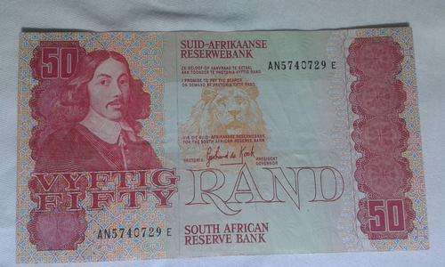 Gerhard De Kock 50 Rand Note Almost Uncirculated condition A Series