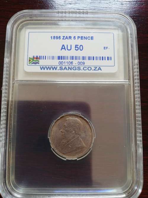 ** 1896 ** ZAR 6p - AU 50 (SANGS GRADED)