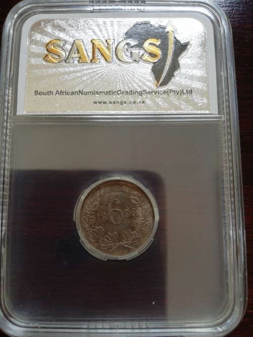 ** 1896 ** ZAR 6p - AU 50 (SANGS GRADED)