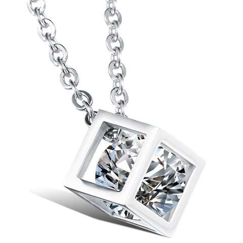 Silver Magic Cube Cubic Zirconia Necklace & Pendant 50cm