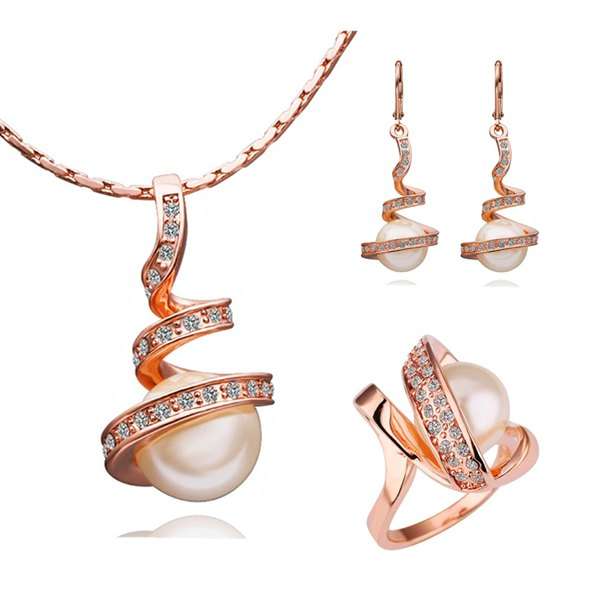 Chic Women's Swarovski Faux Pearl Necklace And Earrings And Ring