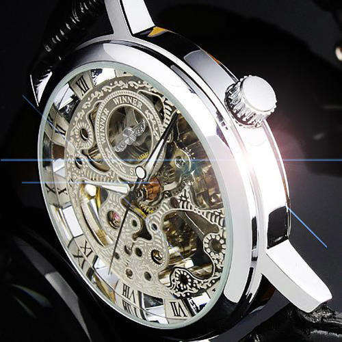 Silver Dial Mechanical Watch with Water Resistant 20mm Leather Watchband for Male