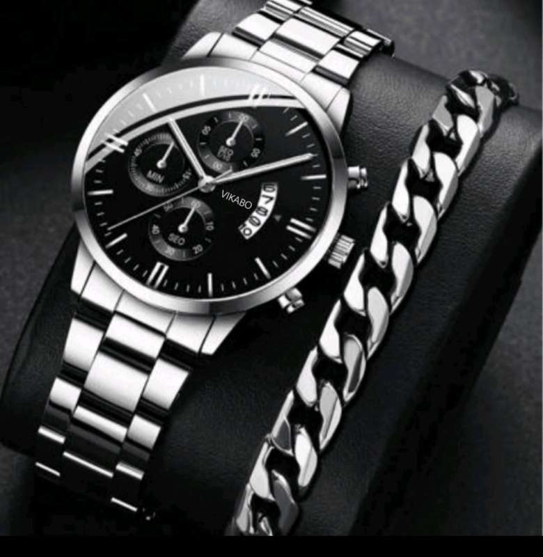 2pcs Luxury Men`s Bracelet Watch Set, Men`s Fashionable Calendar Business Stainless Steel Strap Quar