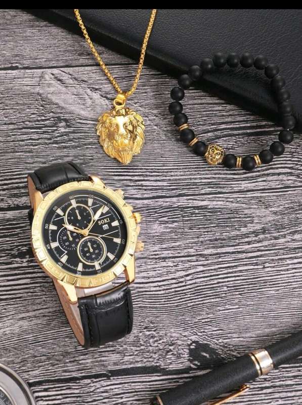 3pc luxurious Men`s Watch Set...  Gold plated Lion Head Bracelet and necklace