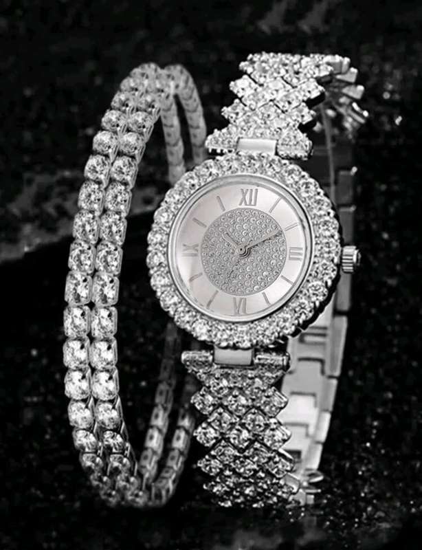 Luxurious diamond Geneva Quartz watch set for her 3piece
